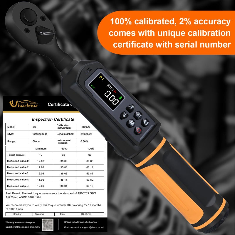 Uharbour Digital Torque Wrench 3/8 Drive  0.66-44.29Ft.lbs/0.9-60Nm Range  Electric Torque Wrench with Dual Direction Ratchet  ?2% Accuracy with Vibration  Buzzer and LED Alert - Image 5